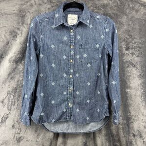 Y2K American Eagle AE Chambray Blue Denim Embroidered Button Down Shirt Top XS
